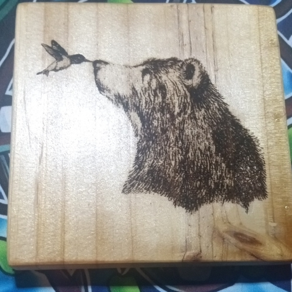 Wooden Coaster with Bear and Hummingbird Design